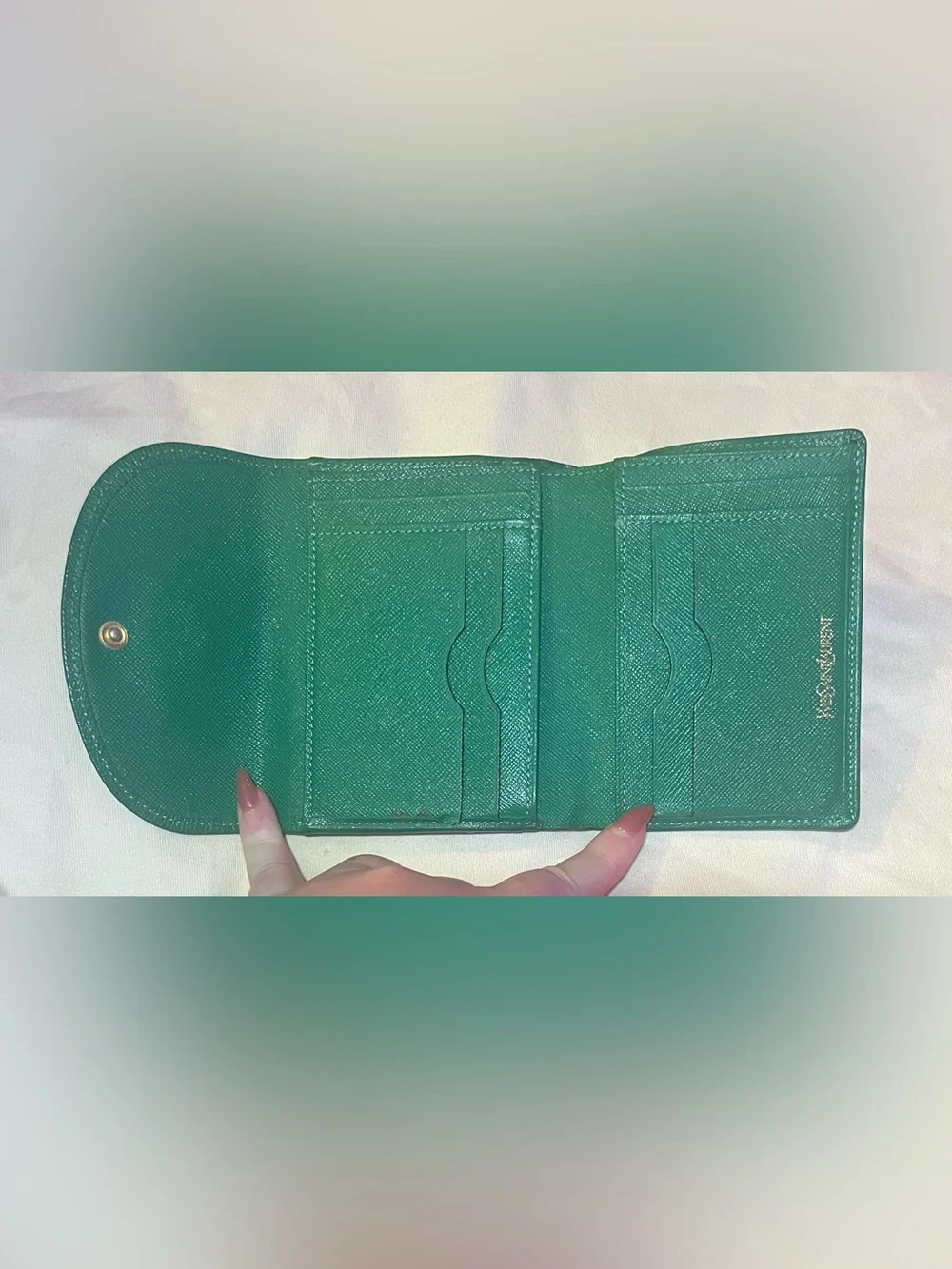 Authentic Yves Saint Laurent Teal Textured Leather Wallet with Heart Emblem - Picture 9 of 11